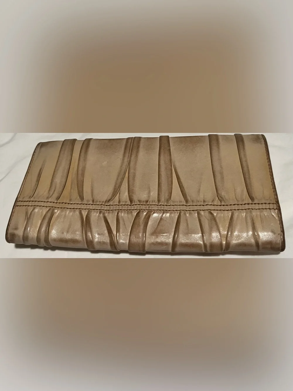 Prada Metallic Beige Ruched Leather Wallet with Gold Logo